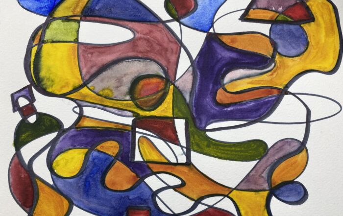 Watercolor and permanent marker on paper. An intuitive sketch by Margaret McNett Burruss, and example of the intuitive in art.